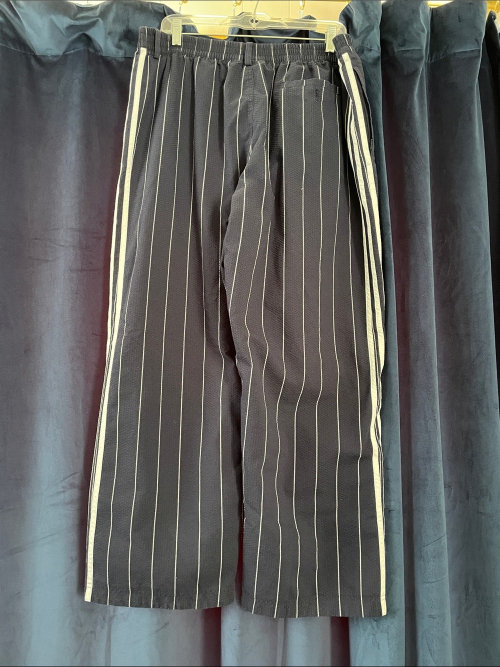 Adidas Navy Pinstripe Sweatpants with White Stripes - Picture 2 of 5